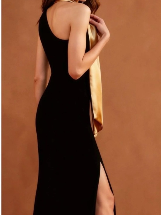 One-Shoulder Black Evening Gown with Gold Scarf. Plus Size Available - Picture 2 of 5